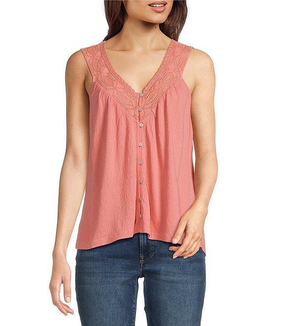 Lucky Brand V-Neck Sleeveless Lace Trim Top Product Image