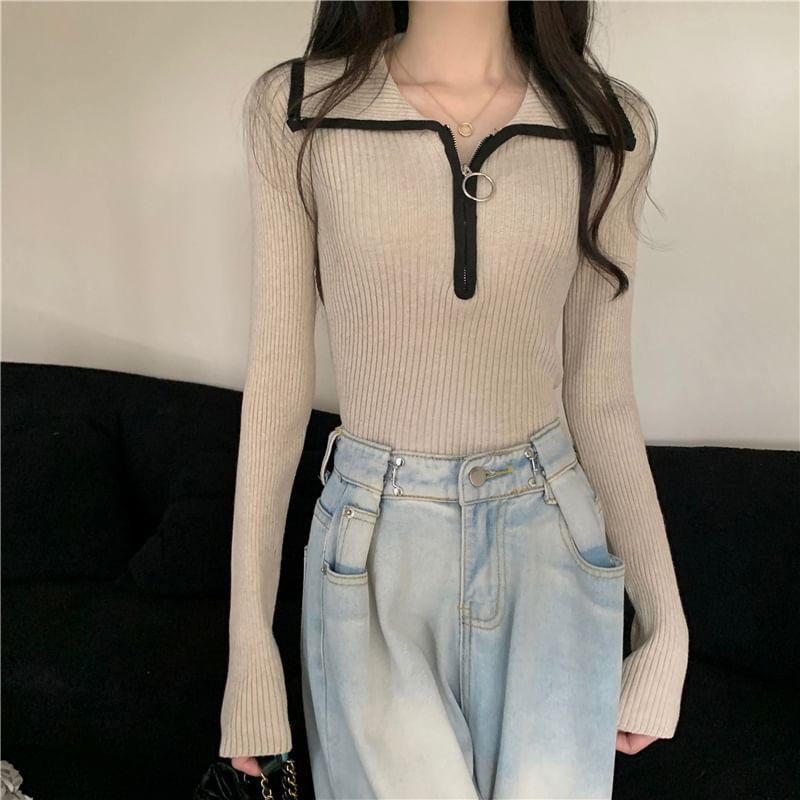 Long Sleeve Half-Zip Contrast-Trim Ribbed-Knit Slim-Fit Top Product Image