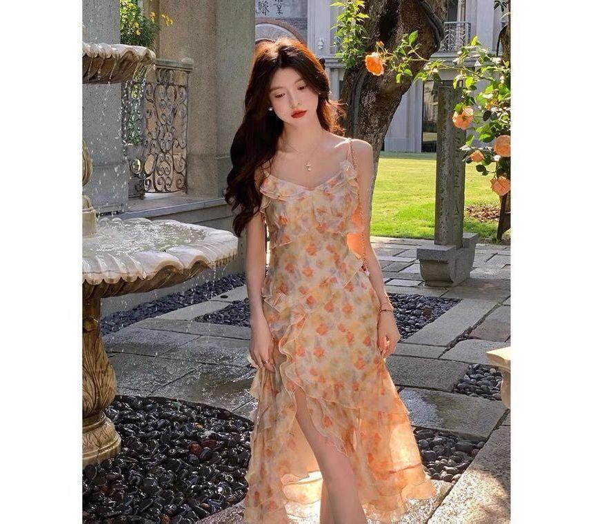 Spaghetti Strap Floral Ruffle Trim Midi A-Line Dress Product Image