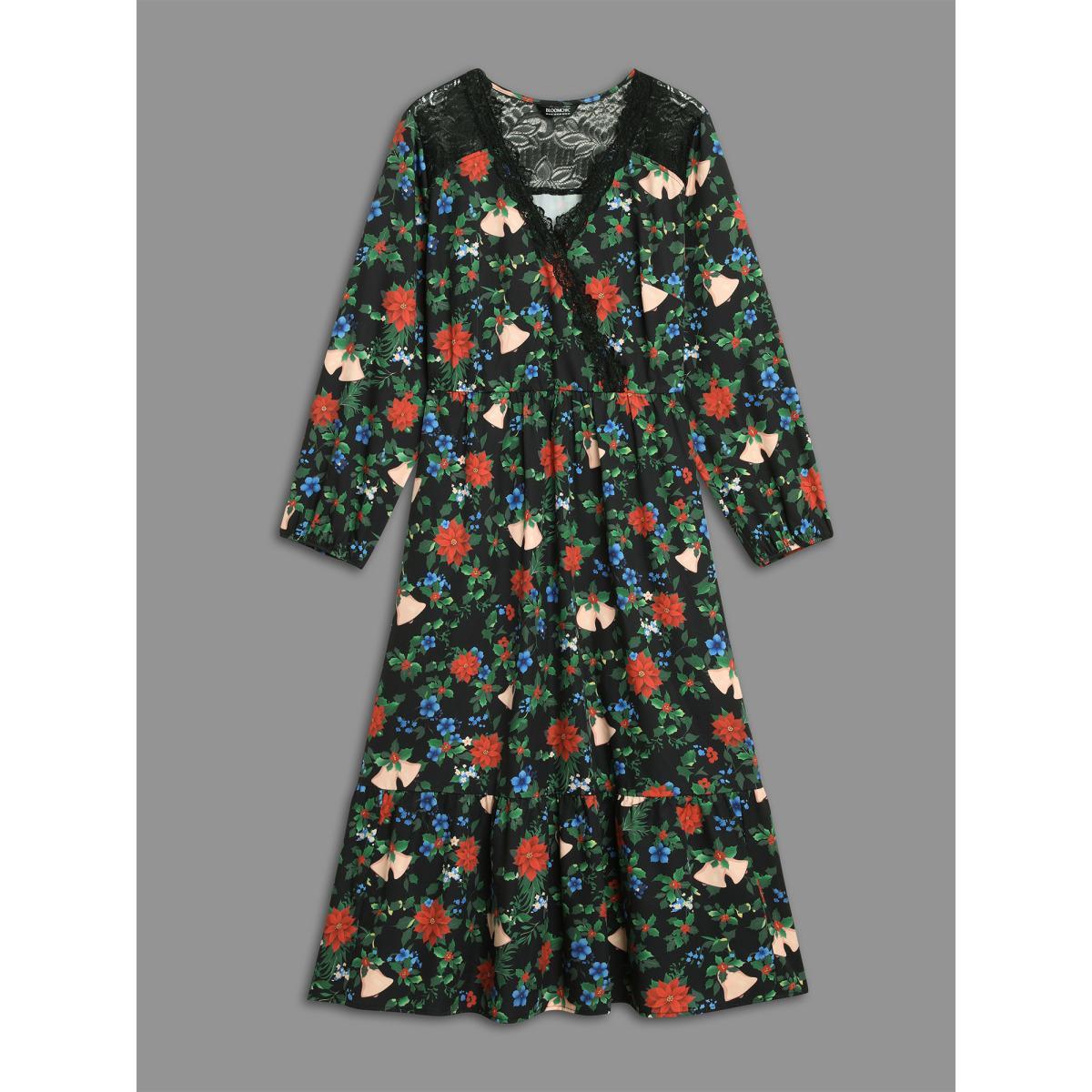 Plus Size Floral Lace Surplice Neckline Midi Dress Emerald Women Elegant Woven ribbon&lace trim Overlap Collar Long Sleeve Curvy BloomChic 26/4X Product Image
