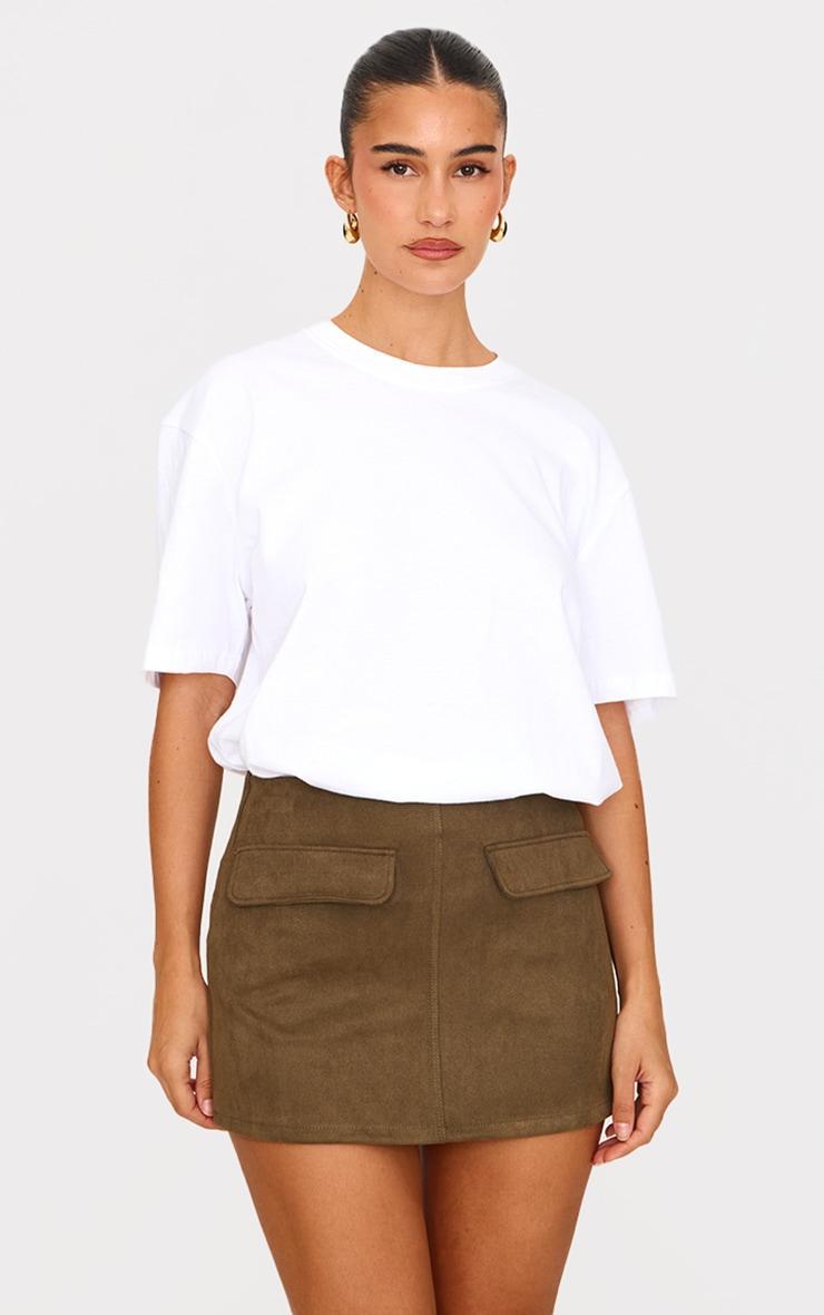 Khaki Faux Suede Pocket Front Mini Skirt Product Image