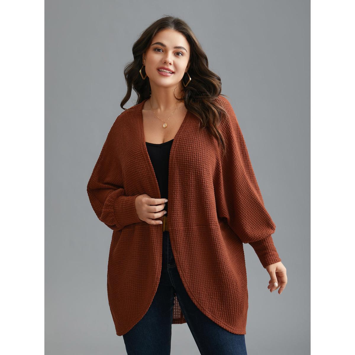 Plus Size Textured Curved Hem Lantern Sleeve Cardigan Women Russet Casual Texture Loose Everyday Kimonos BloomChic 14-16/1X Product Image