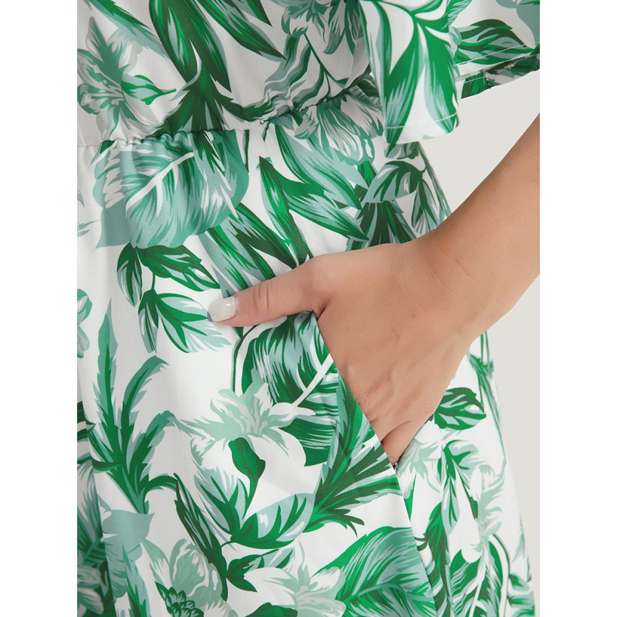 Plus Size Plant Print Pocket Keyhole Tie Neck Frill Trim Flutter Dress Green Women Vacation V-neck Half Sleeve Curvy Midi Dress BloomChic 22-24/3X Product Image