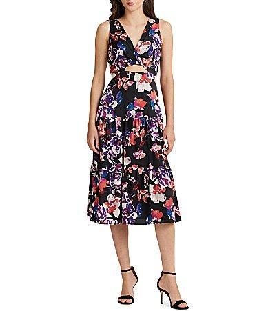 Lauren Ralph Lauren Floral Twist-Front Mousseline Dress (Black/Purple Women's Dress Product Image