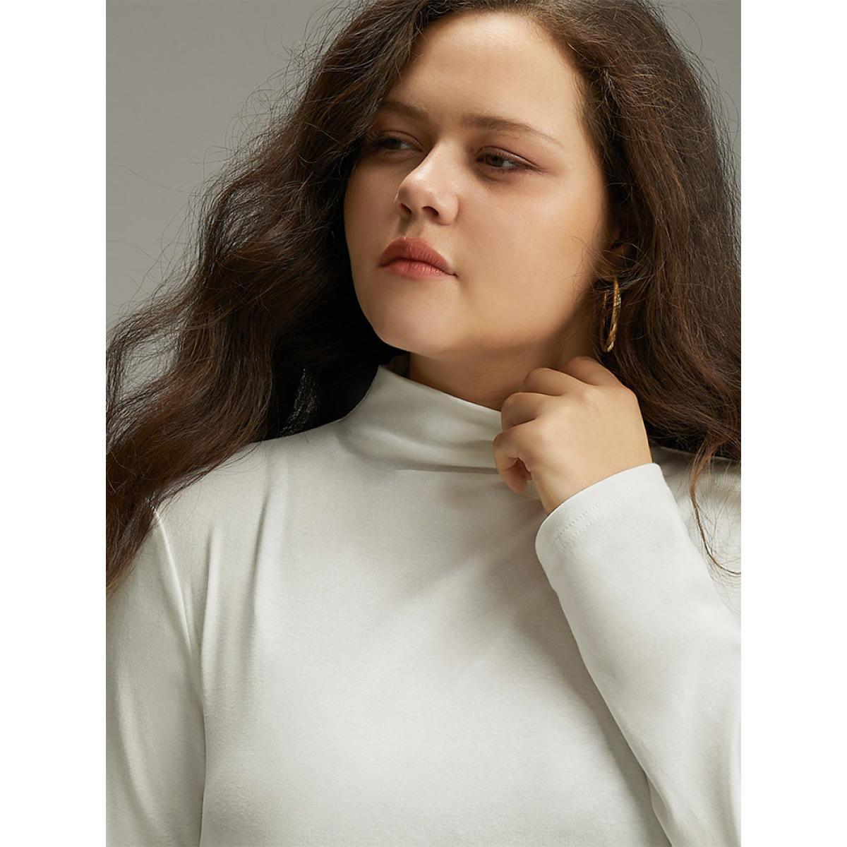 Plus Size Cotton Solid Mock Neck T-shirt White Women Casual Plain Plain Mock Neck Dailywear T-shirts BloomChic 18-20/2X Product Image