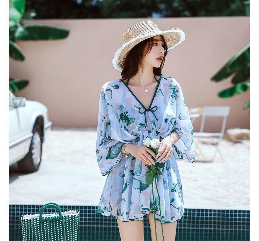 Couple Matching Print Swim Shorts / Bell-Sleeve Swim Dress / Bikini Top / Shorts / Set Product Image