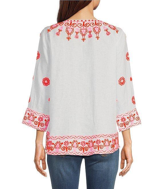 John Mark Embroidered Split V-Neck 3/4 Sleeve Hi-Low Hem Tunic Product Image