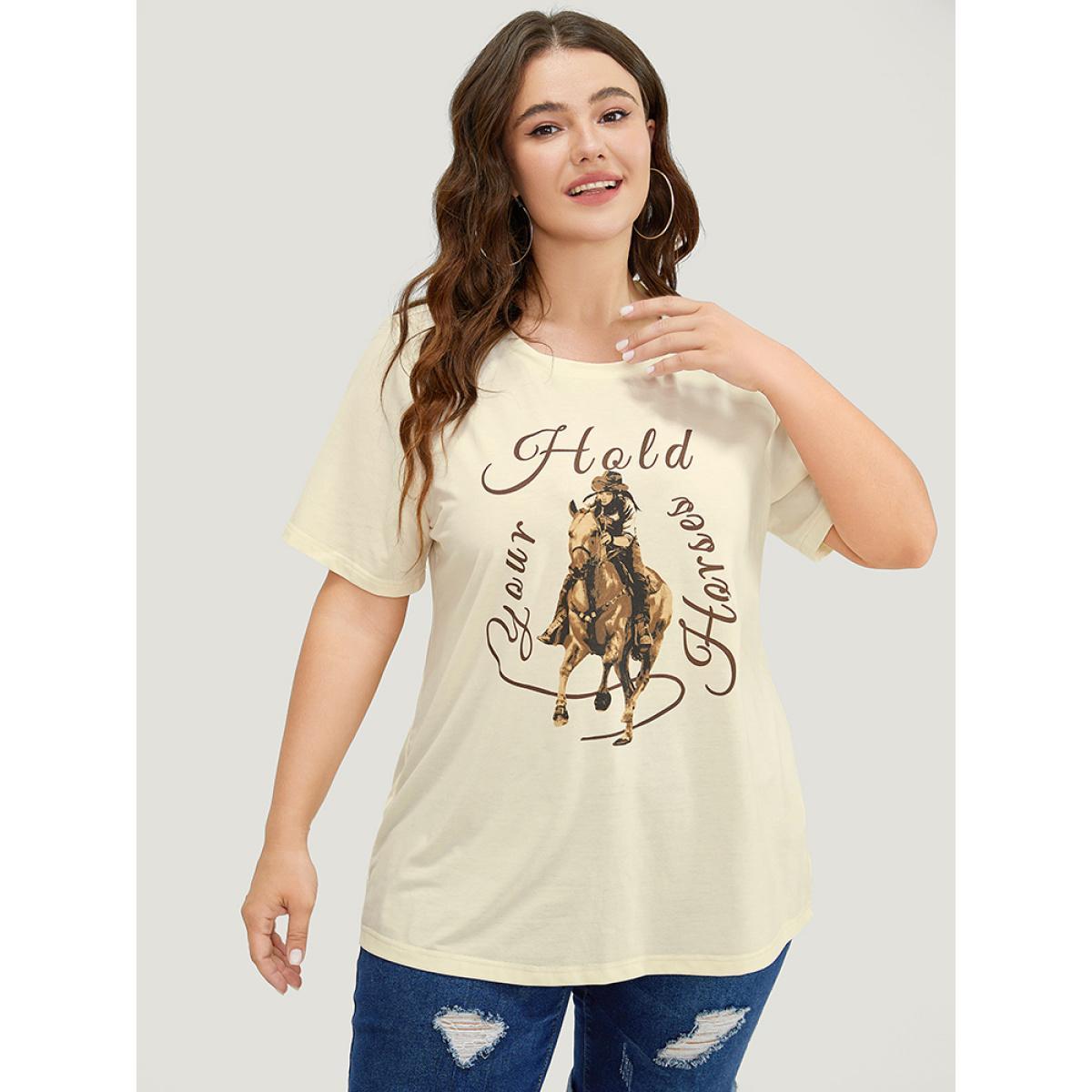 Plus Size Horse & Letter Print Round Neck Graphic Tee Apricot Women Casual Western Dailywear T-shirts BloomChic 14-16/1X Product Image