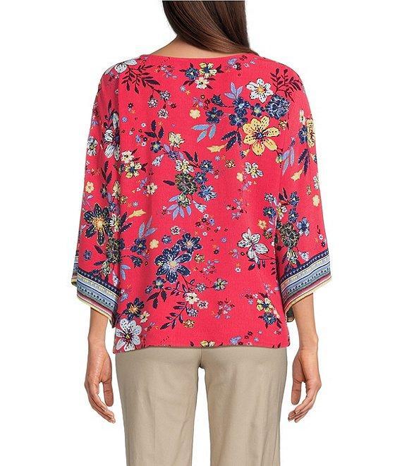 Ali Miles Floral Print V-Neck 3/4 Sleeve Front Tie Tunic Product Image
