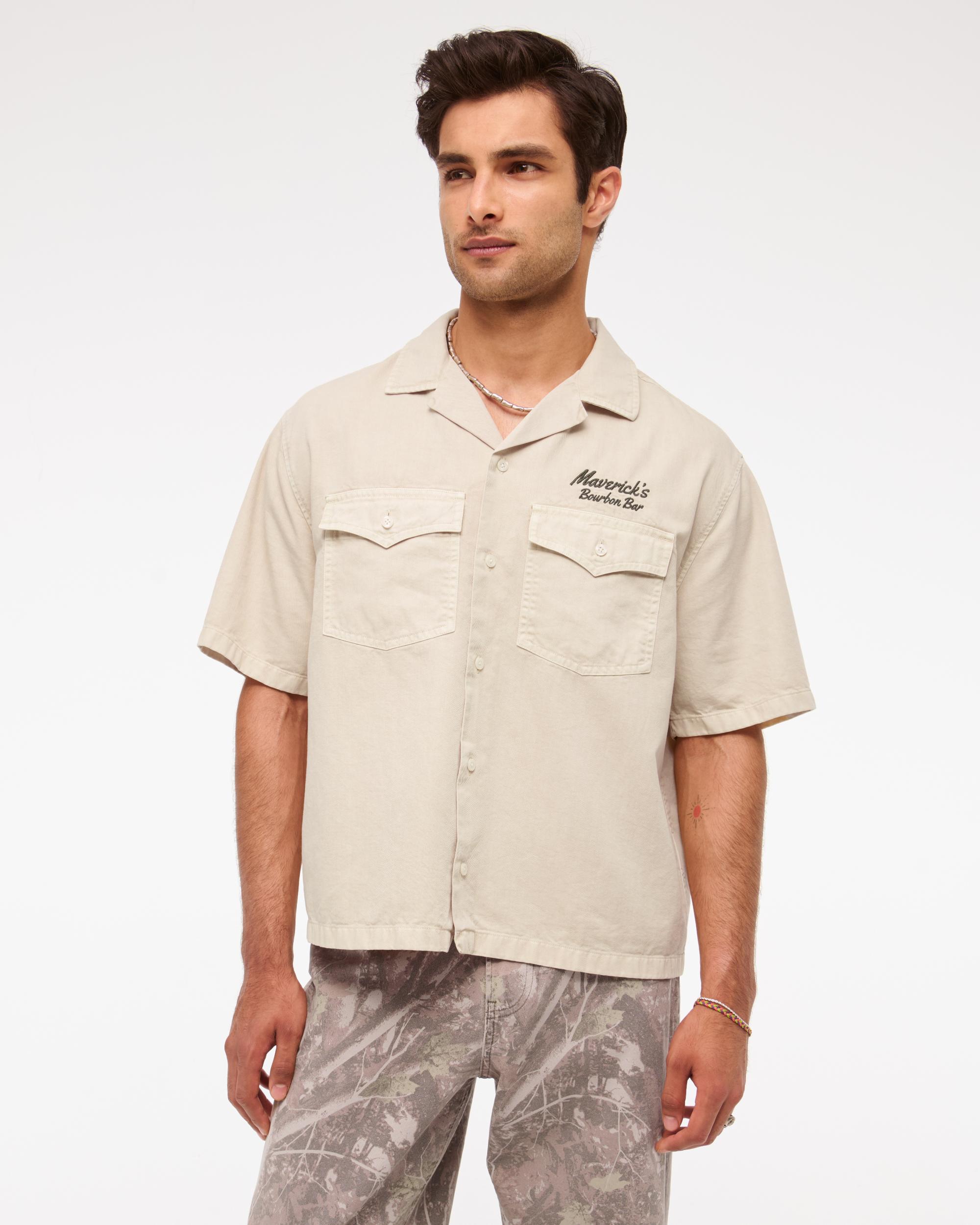 Short-Sleeve Cropped Western Graphic Button-Up Shirt Product Image