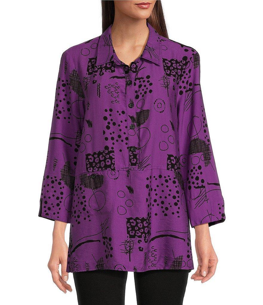 Ali Miles Abstract Printed Point Collar 3/4 Sleeve Button Down Top Product Image