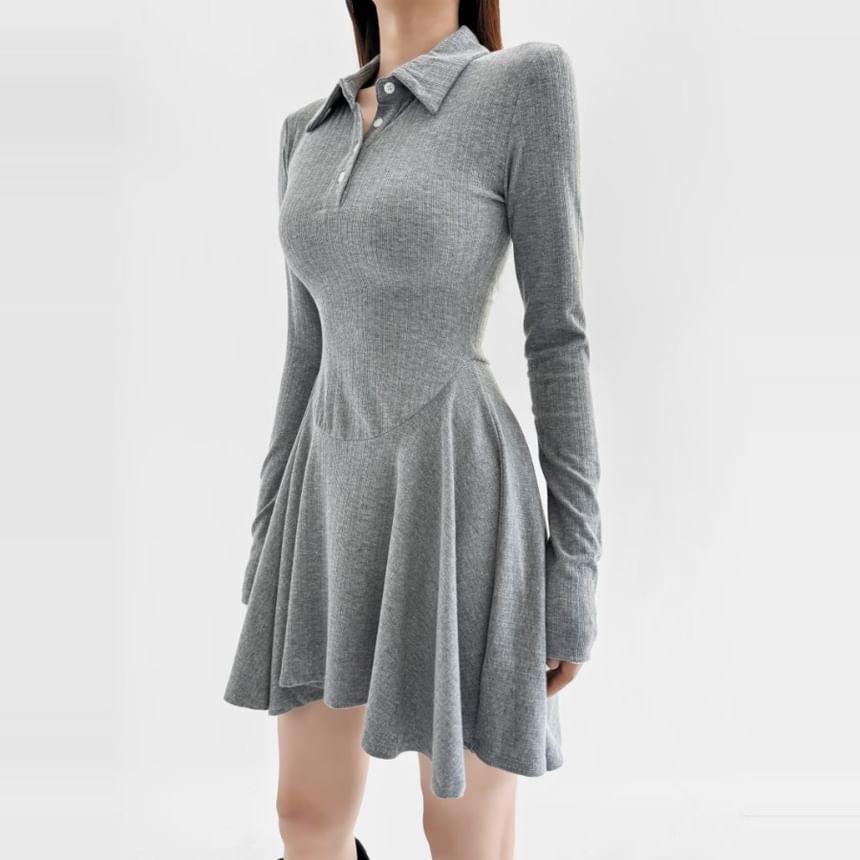 Long Sleeve Polo Collar Plain Mini A-Line Dress Product Image