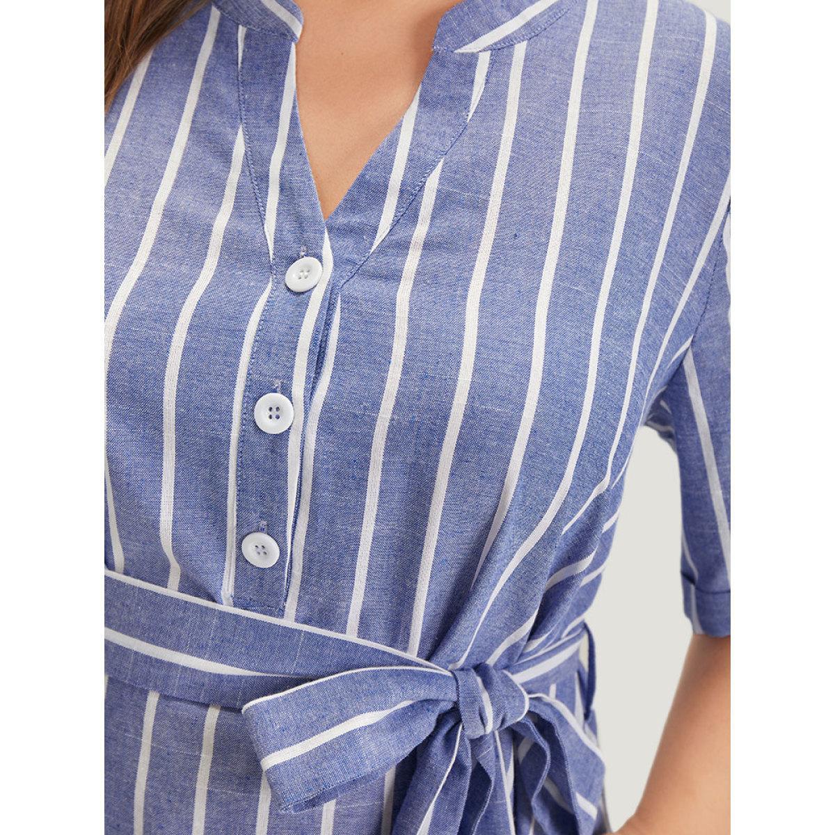 Plus Size Striped Print Belt Pocket Notched Button Up Dress Blue Women Office Cross straps Notched collar Short sleeve Curvy Midi Dress BloomChic 26/4X Product Image