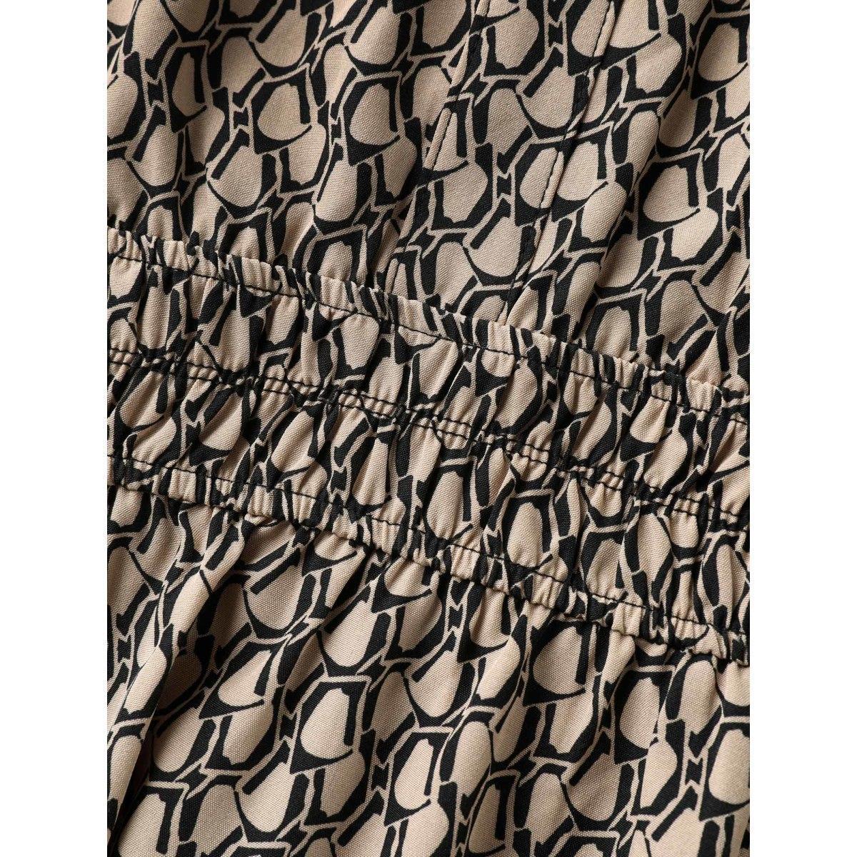 Plus Size Geometric Print Waist-Cinched Tiered Midi Dress Tan Women Flat collar with V-notch Short sleeve Curvy BloomChic 12/L Product Image