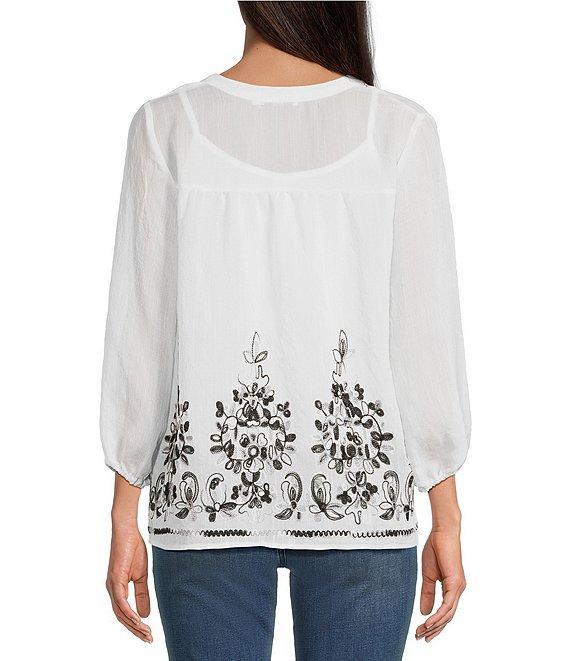 Figueroa & Flower Petite Size Embroidered Mandarin Collar 3/4 Sleeve Pintuck Detail Button-Front Blouse Product Image