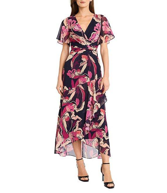 Maggy London Floral Yoryu Surplice V-Neck Flutter Sleeves Front Twist Midi Dress Product Image