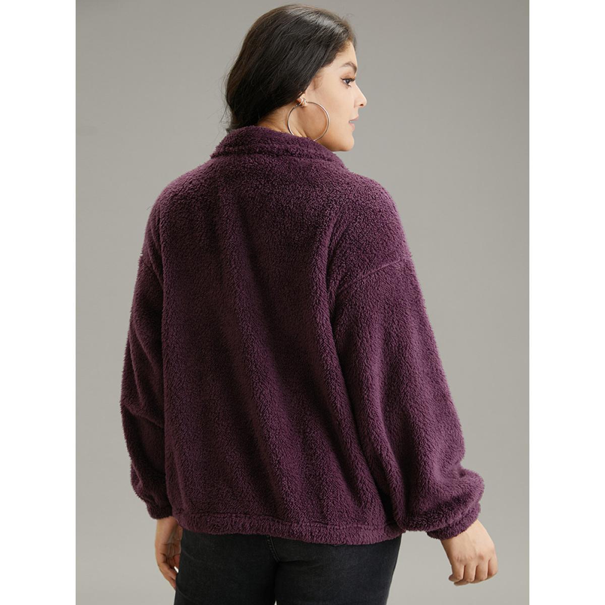 Plus Size Contrast Zipper Pocket Teddy Jacket Women Purple Elastic cuffs Pocket Dailywear Jackets BloomChic 18-20/2X Product Image