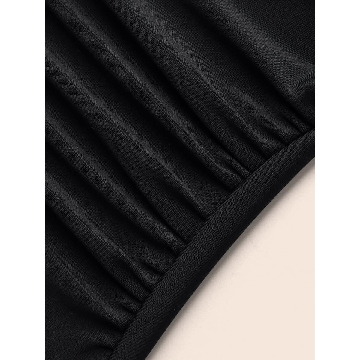 Plus Size Ruched Front Layered 2-in-1 Asymmetrical Hem Swim Dress Women's Swimwear Black Beach Bodycon Heart neckline High stretch Curve Swim Dresses BloomChic 28/5X Product Image