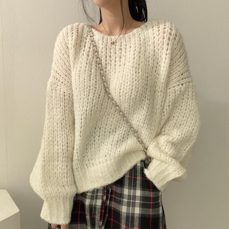 Lantern Sleeve Round Neck Oversized Sweater Product Image