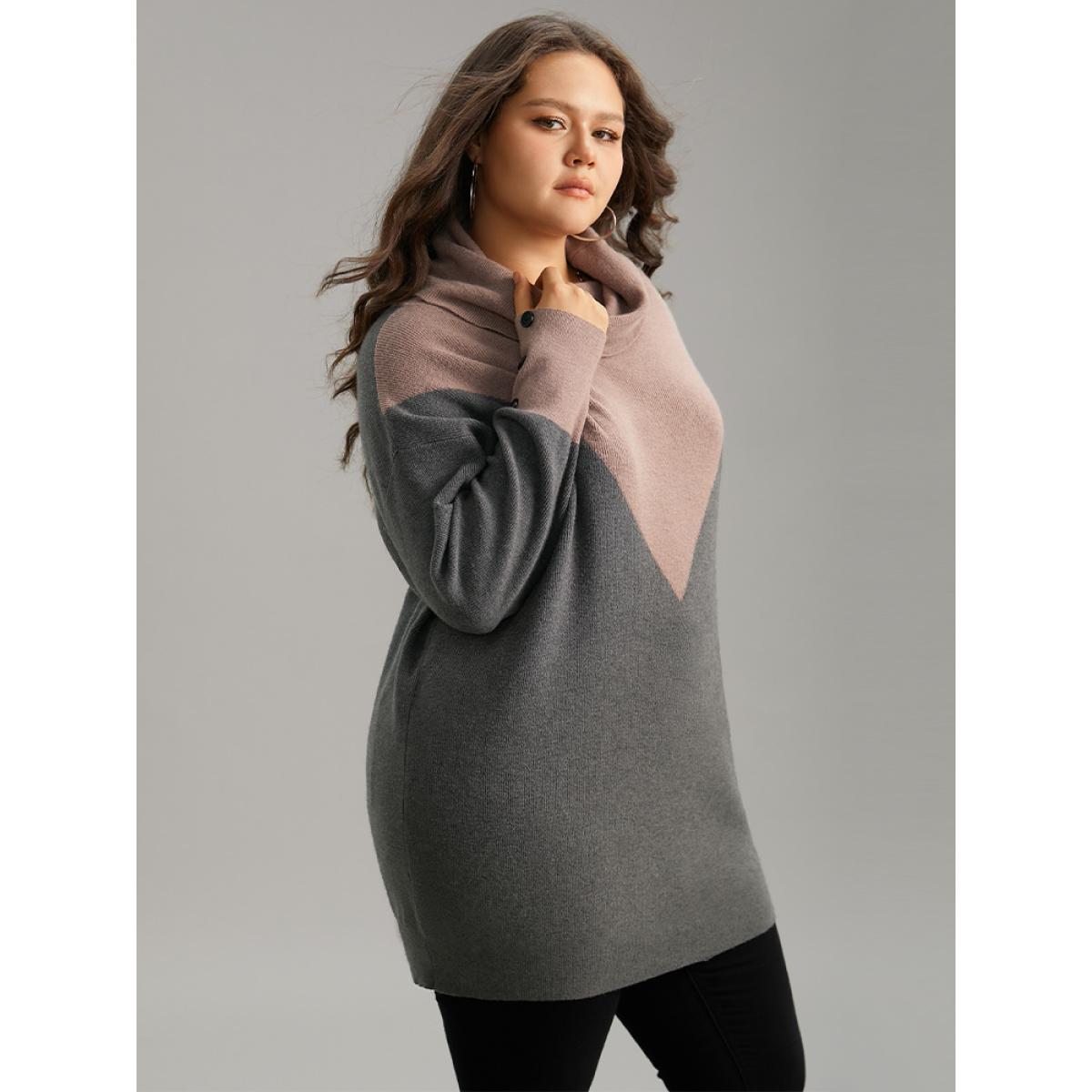 Plus Size Supersoft Essentials Turtleneck Contrast Button Detail Pullover DimGray Women Casual Loose Long Sleeve Turtleneck Dailywear Pullovers BloomChic 14-16/1X Product Image