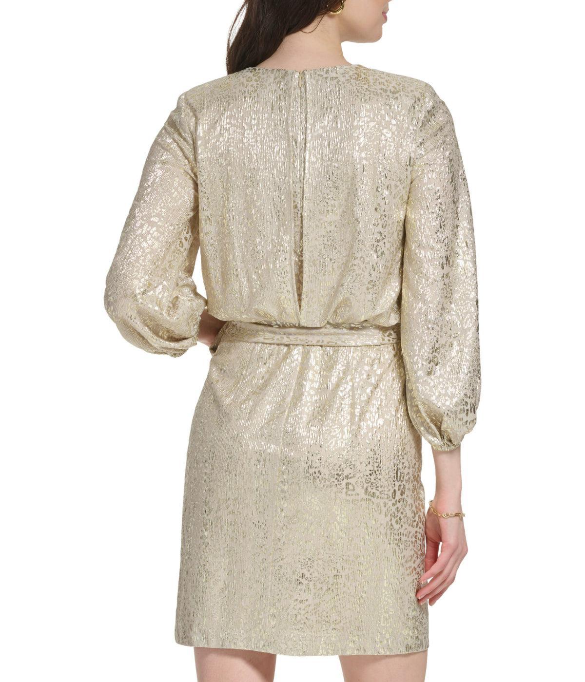 Longsleeve Pleated Neck Blouson Dress Champagne Product Image