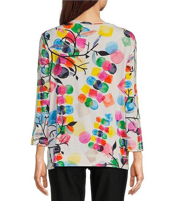 Ali Miles Abstract Print Straight Button Hem Round Neck 3/4 Sleeve Tunic Product Image