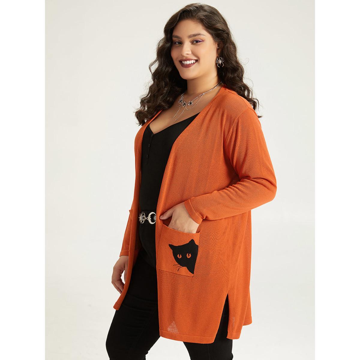 Plus Size Halloween Cat Print Split Side Patched Pocket Cardigan Coral Women Casual Loose Long Sleeve Festival-Halloween Cardigans BloomChic 10/M Product Image