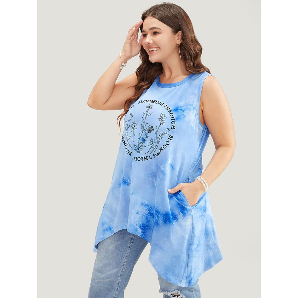 Plus Size Floral & letter Print Asymmetrical Hem Tie Dye Tank Top Women LightBlue Casual Printed Dailywear Tank Tops Camis BloomChic 12/L Product Image