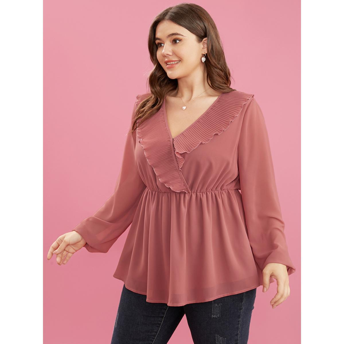 Plus Size DustyPink Solid Lantern Sleeve Pleated Ruffle Trim Wrap Blouse Women Elegant Long Sleeve V-neck Dailywear Blouses BloomChic 14-16/1X Product Image