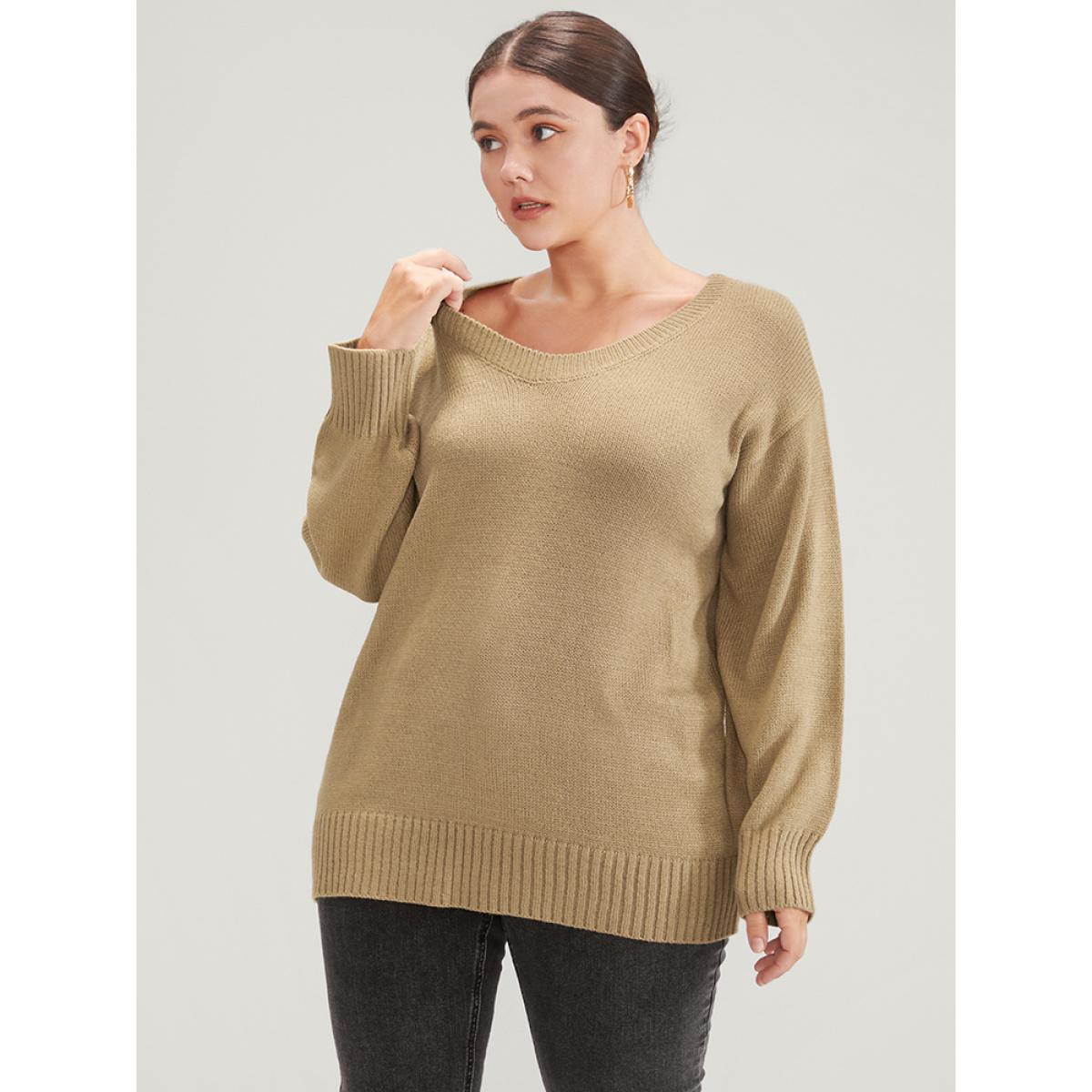 Plus Size Plain Pointelle Knit V Neck Knit Top Tan Women Casual Loose Long Sleeve V-neck Dailywear Pullovers BloomChic 26/4X Product Image