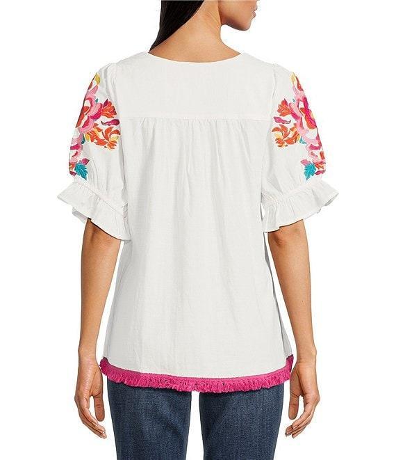 Calessa Embroidered Square Neck Short Puff Sleeve Tassel Hem Detail Tunic Product Image