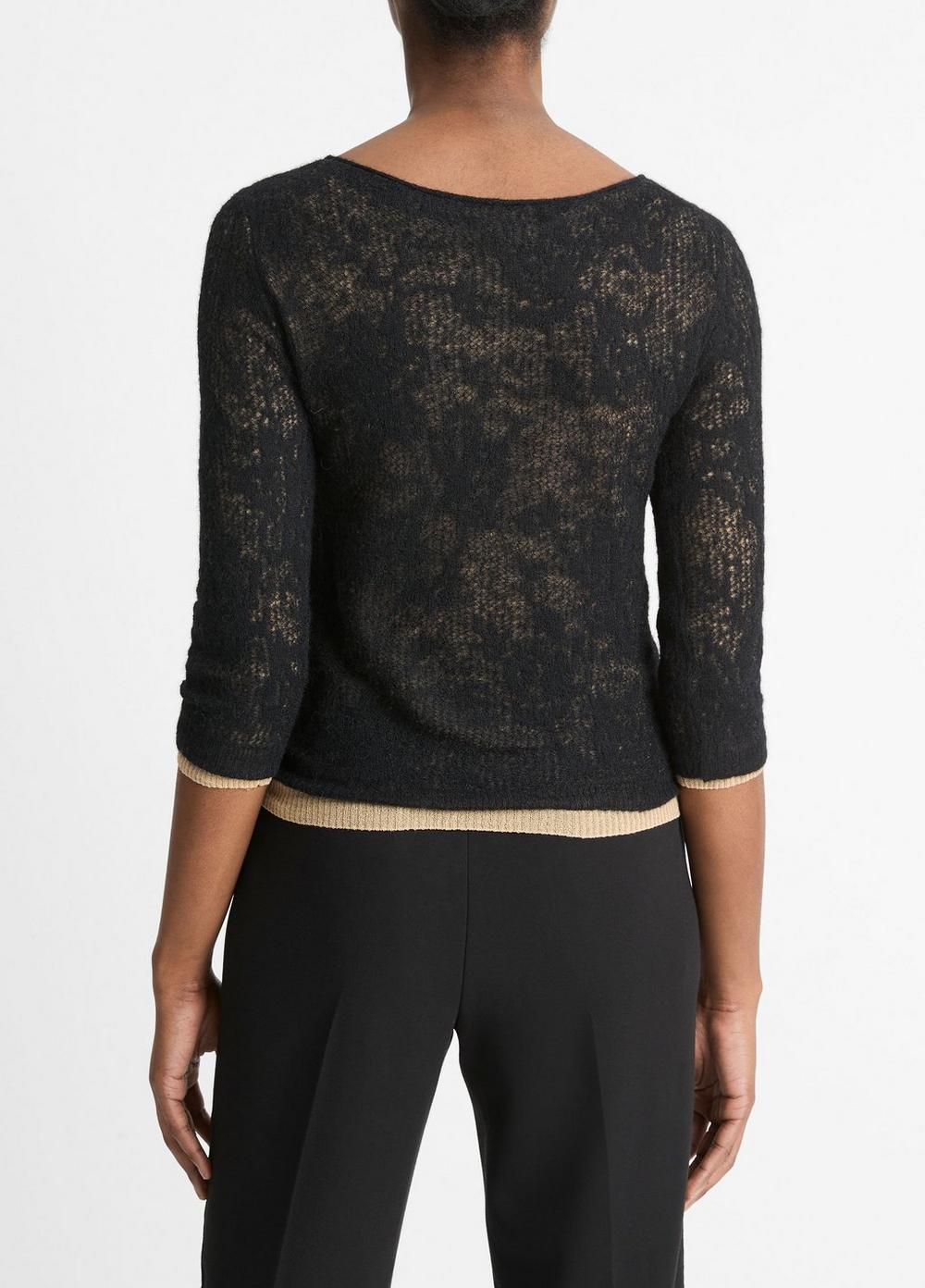 Womens Lace-stitch Italian Alpaca-Blend Layered Sweater, Black/gold Cliff, Size XS Vince Product Image