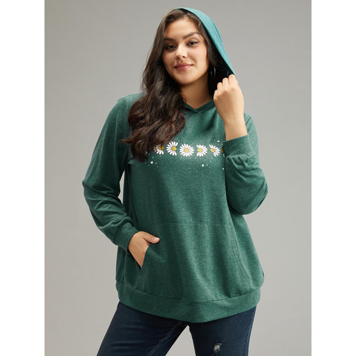 Plus Size Floral Print Pocket Hooded Sweatshirt Women DarkGreen Casual Printed Dailywear Sweatshirts BloomChic 18-20/2X Product Image