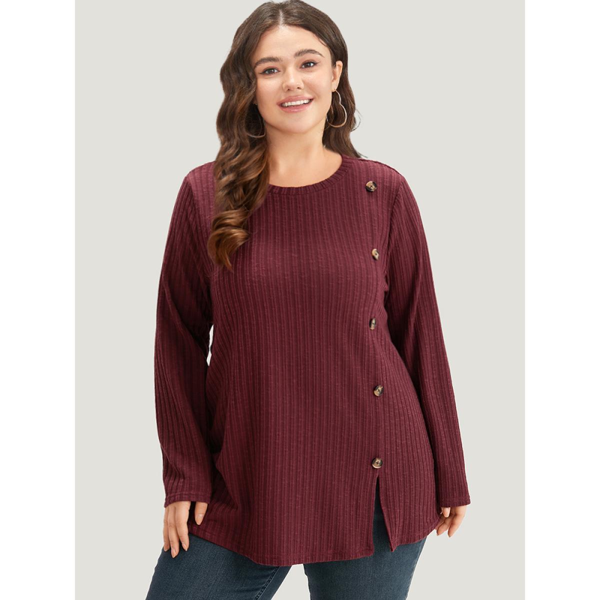 Plus Size Rib Knit Button Detail Split Side T-shirt Burgundy Women Casual Texture Plain Round Neck Dailywear T-shirts BloomChic 14-16/1X Product Image
