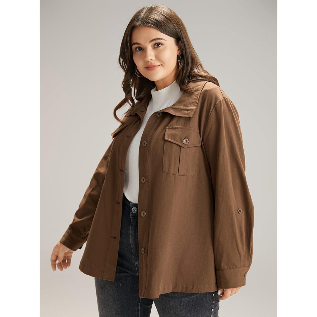 Plus Size Plain Roll Tab Sleeve Button Down Coat Women Bronze Casual Plain Ladies Dailywear Winter Coats BloomChic 30/6X Product Image