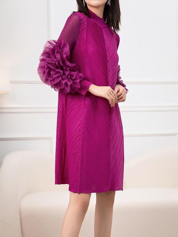 Long Sleeves Loose Embroidered Pleated Solid Color Round-Neck Midi Dresses Product Image