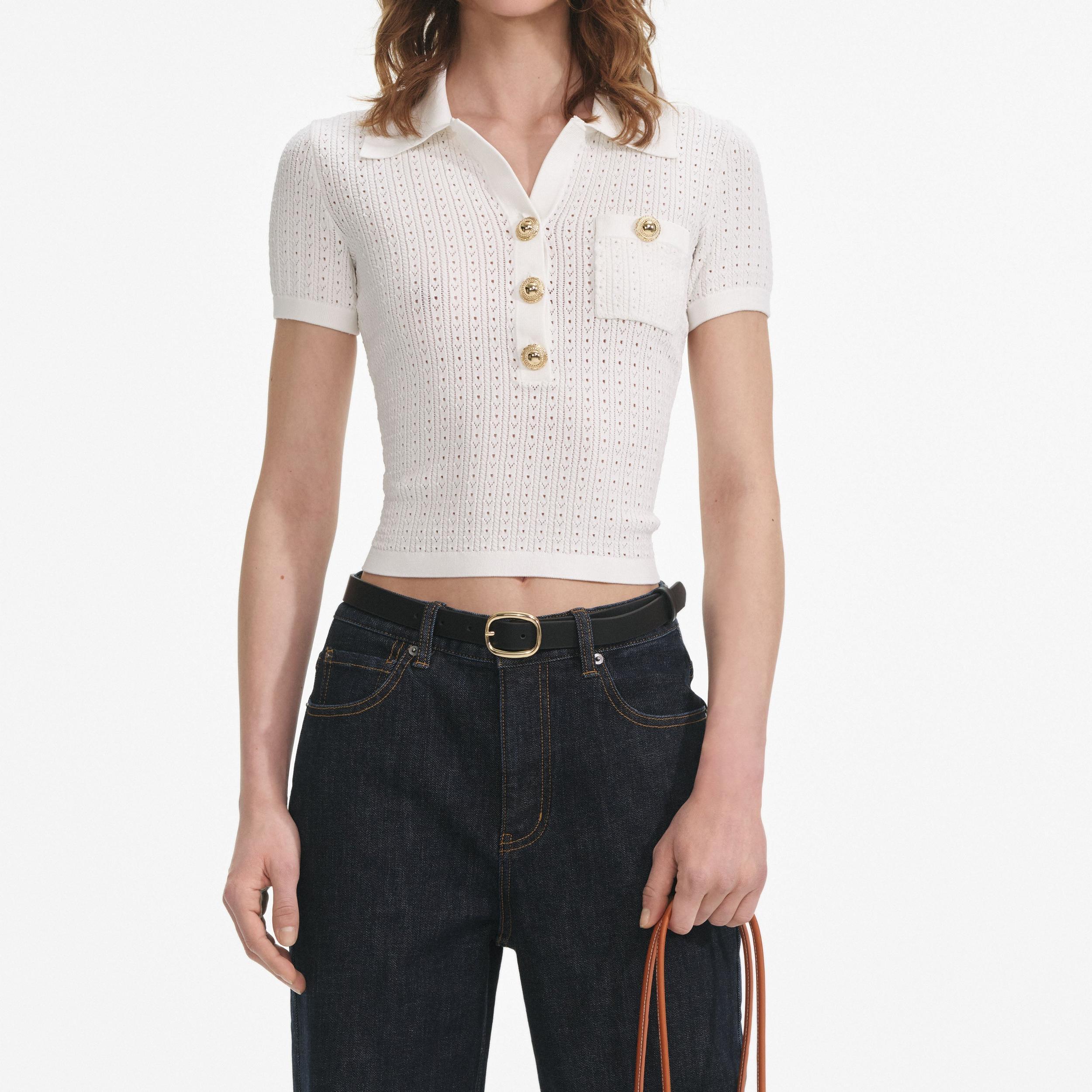 White Pointelle Knit Top Product Image