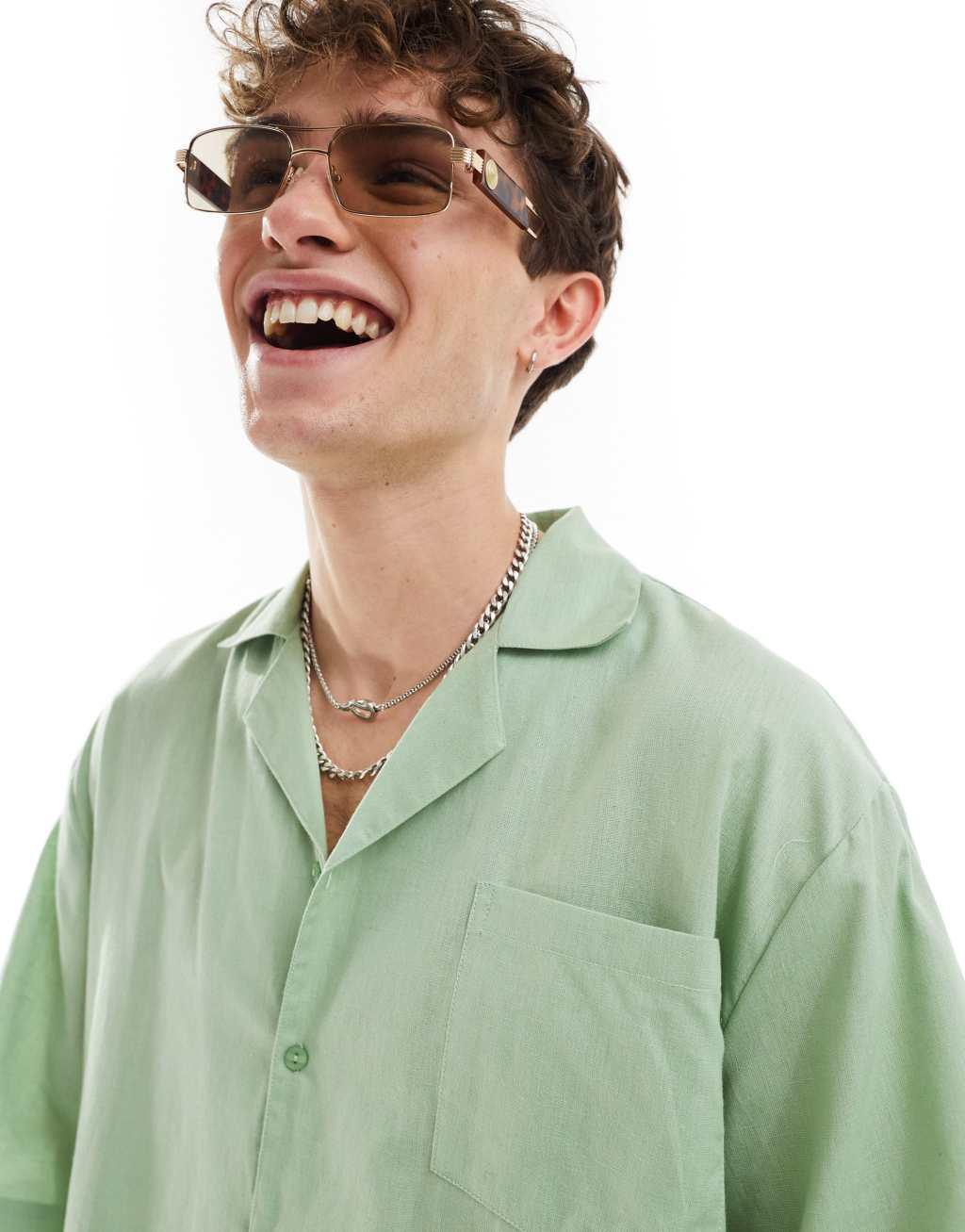 COLLUSION linen look beach oversized camp collar shirt in sage green - part of a set Product Image