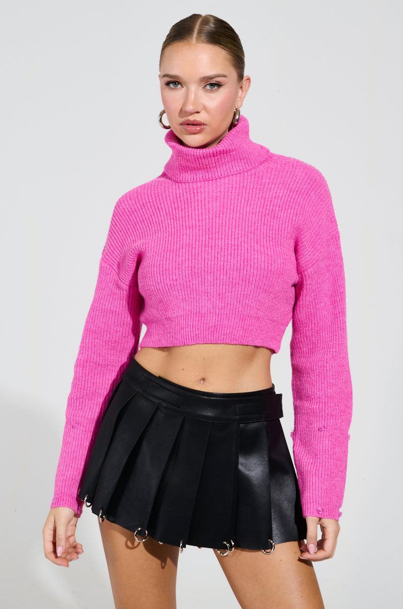 SYDNEY FUR CUFF CROPPED SWEATER IN HOT PINK Product Image