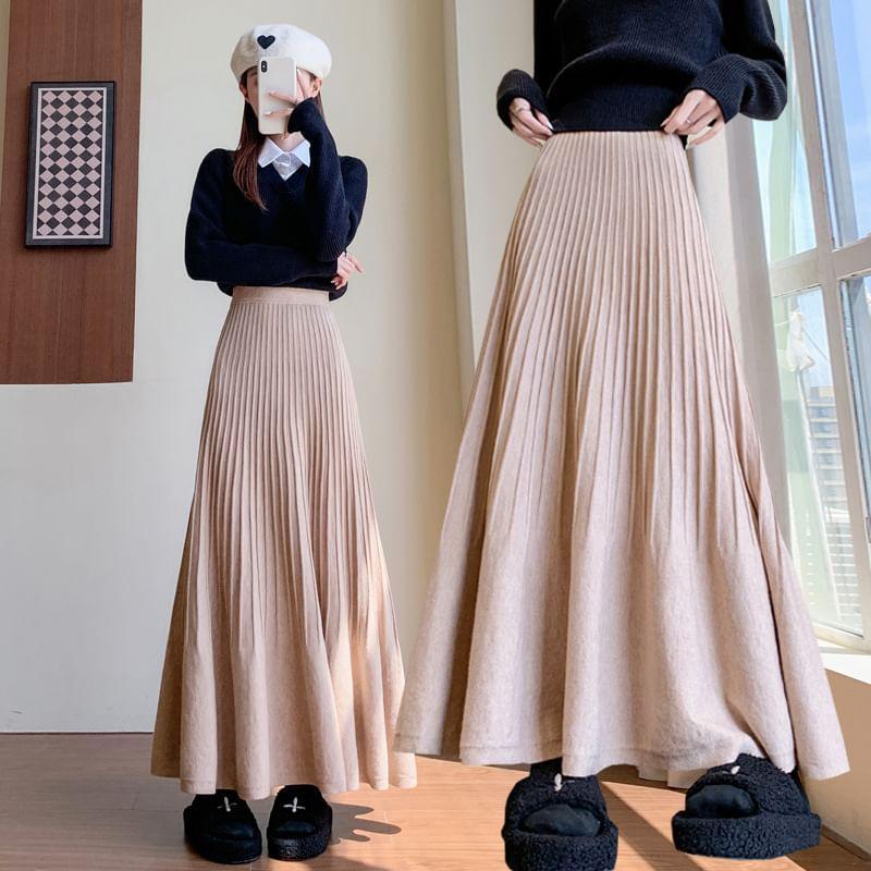Elastic Waist Plain Midi A-Line Knit Skirt Product Image