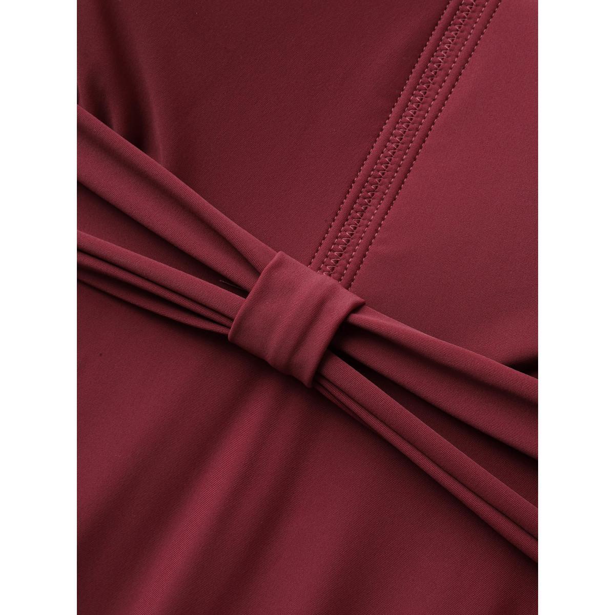 Plus Size Pleated Waist Flutter Sleeve Swim Dress Women's Swimwear Deepred Beach Bodycon V-neck High stretch Curve Swim Dresses BloomChic 22-24/3X Product Image