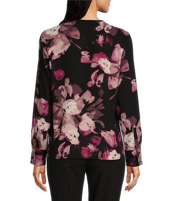 Calvin Klein Floral Printed Georgette Crew Neck Keyhole-Button Long Sleeve Blouse Product Image