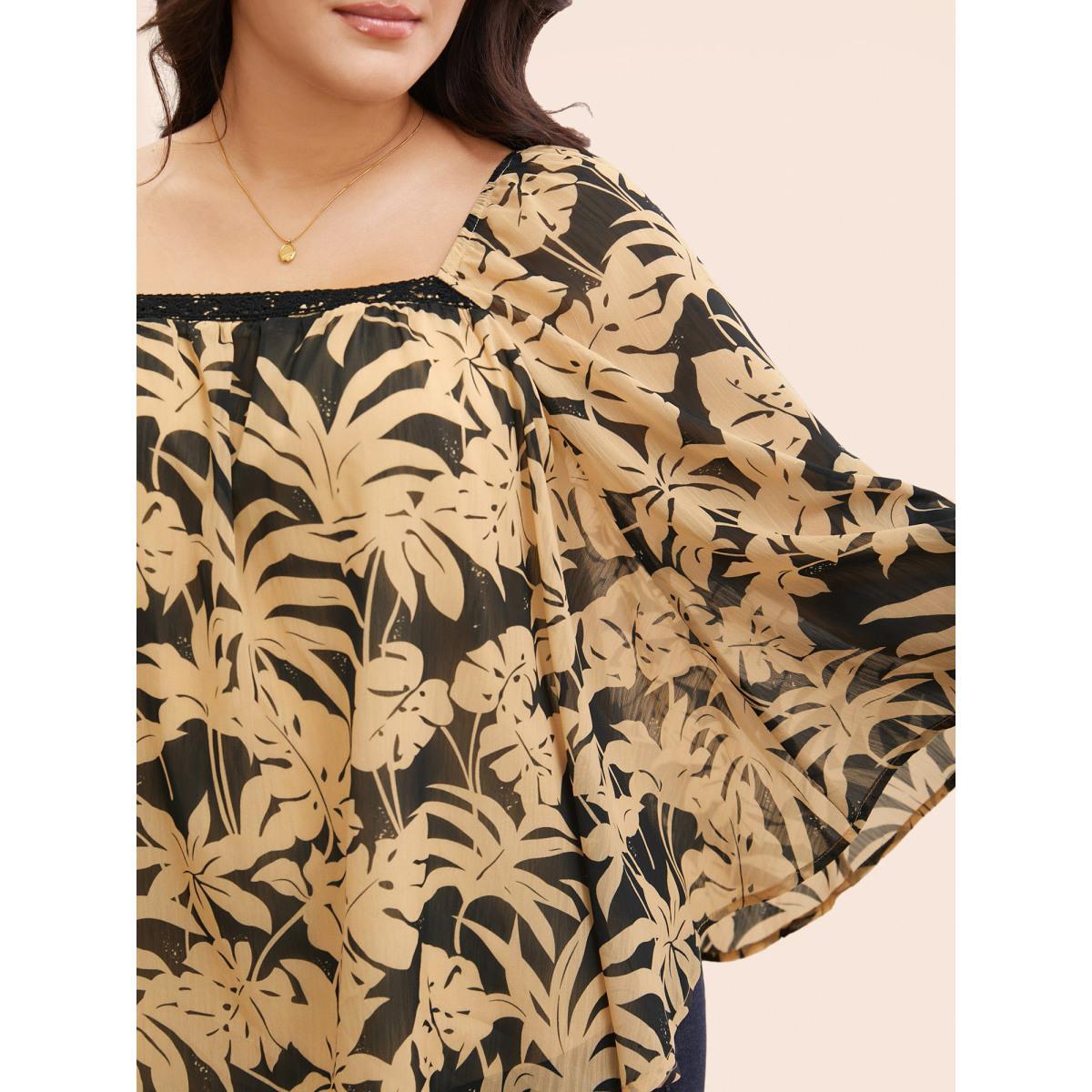 Plus Size Black Silhouette Floral Print Batwing Sleeve Contrast Webbing Blouse Women Elegant Elbow-length sleeve Square Neck Everyday Blouses BloomChic 26/4X Product Image