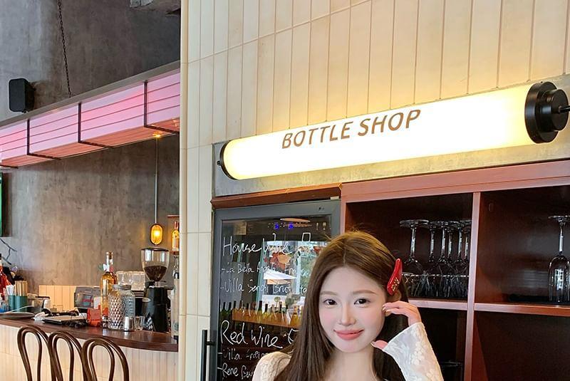 Long-Sleeve V-Neck Lace Crop Top Product Image