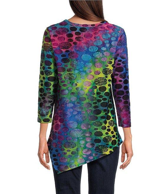 Calessa Tie-Dye Burnout Crew Neck 3/4 Sleeve Asymmetrical Top Product Image