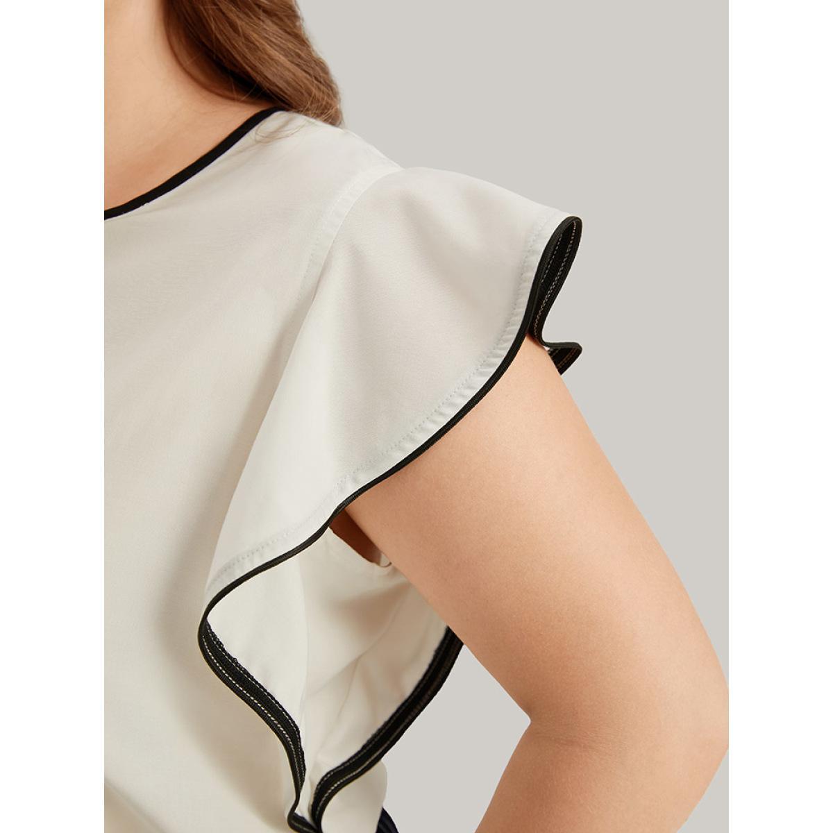 Plus Size Ivory Contrast Keyhole Ruffle Trim Cap Sleeve Blouse Women Office Cap Sleeve Keyhole Cut-Out Work Blouses BloomChic 18-20/2X Product Image