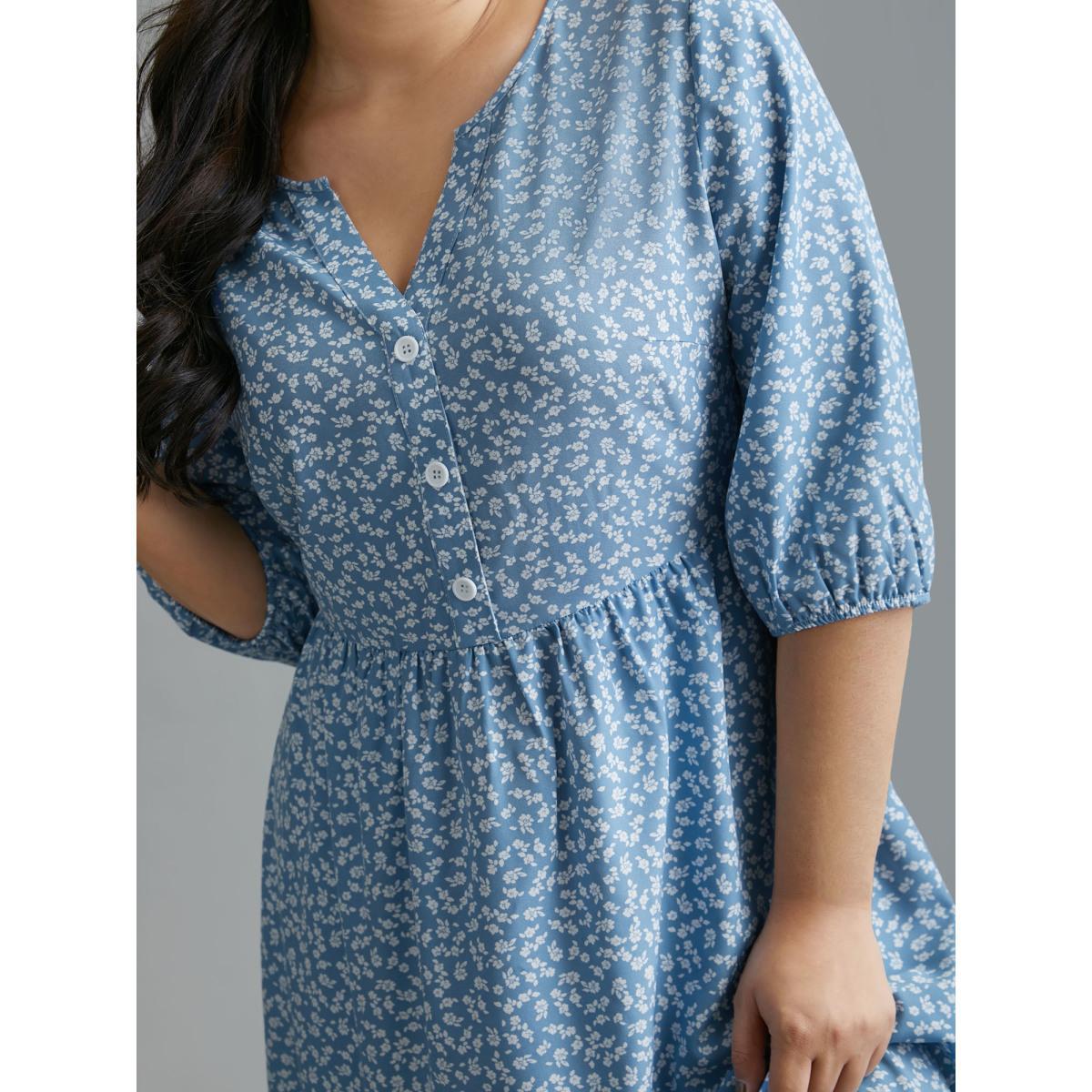 Plus Size Notched Ditsy Floral Button Midi Dress Mediumblue Women Casual Button Notched collar Elbow-length sleeve Curvy BloomChic 10/M Product Image
