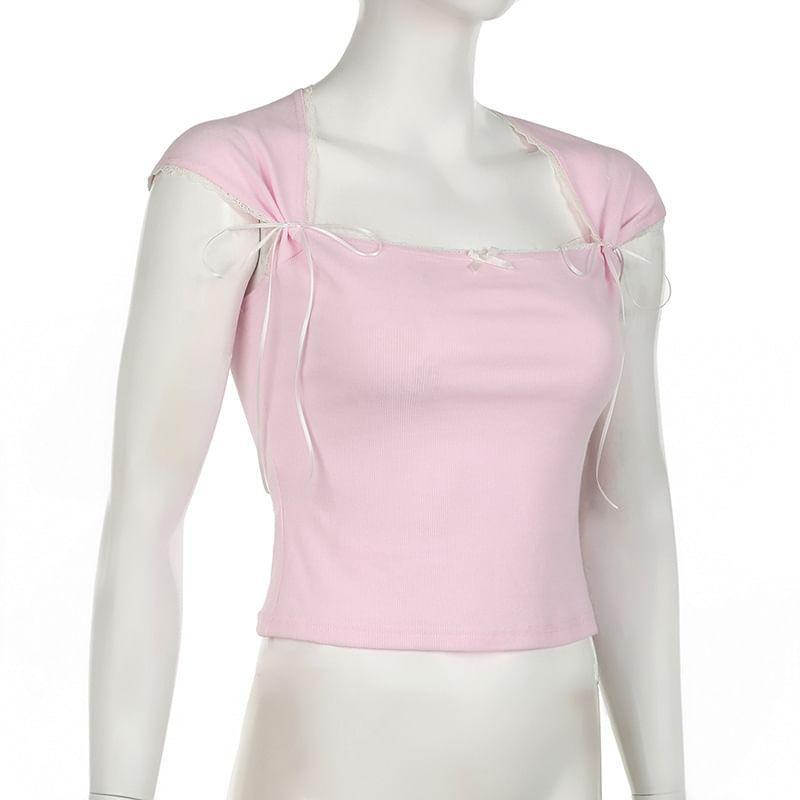 Cap-Sleeve Queen Anne Neckline Lace Trim Crop Top Product Image