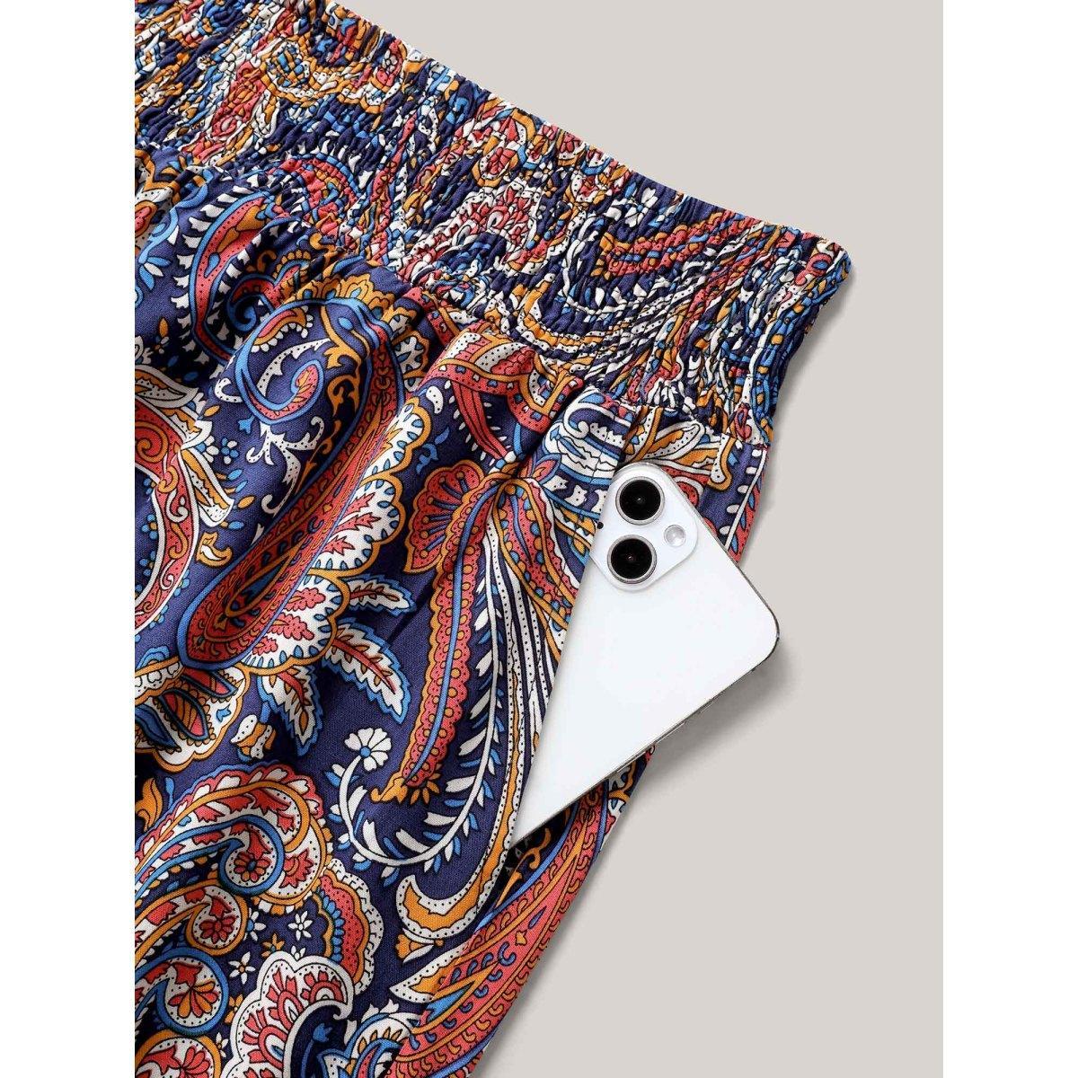 Plus Size Paisley Print Shirred Waist Jogger Pants Women Indigo Beach Bodycon Mid Rise Vacation Pants BloomChic 28/5X Product Image
