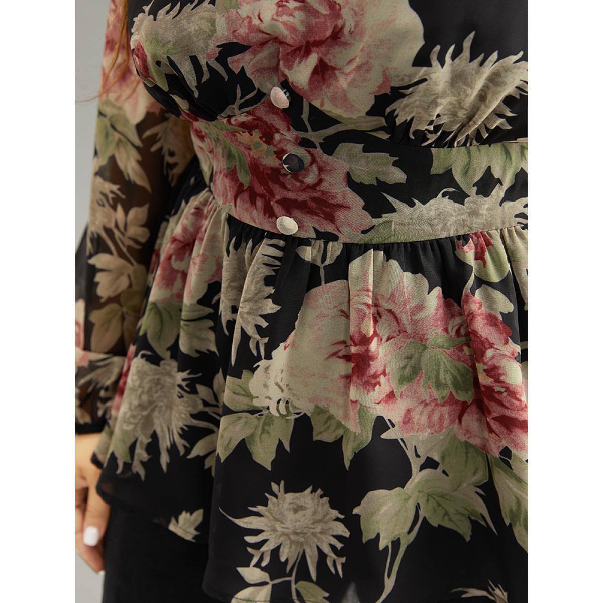 Plus Size Black Floral Flutter Hem Elastic Waist Blouse Women Elegant Long Sleeve V-neck Everyday Blouses BloomChic 22-24/3X Product Image